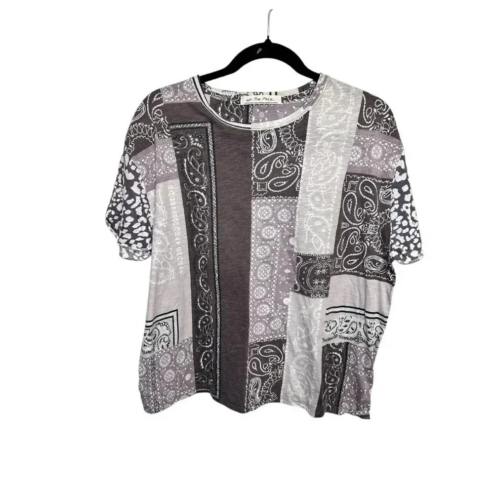 We The Free People Shirt Women’s Brown/Gray Paisley Oversized Cropped T Shirt XS